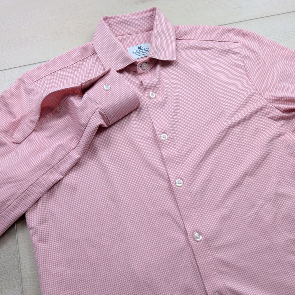 Mizzen+Main Mens Trim Fit Pink Gingham Performance Shirt Medium Made in USA